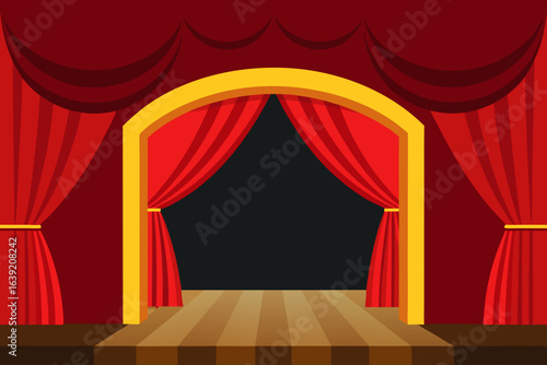 A stage with red curtains and gold frame