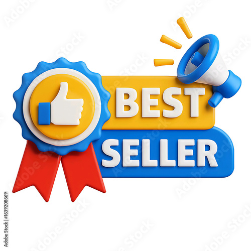 Best seller award ribbon with thumbs up and megaphone isolated on transparent background