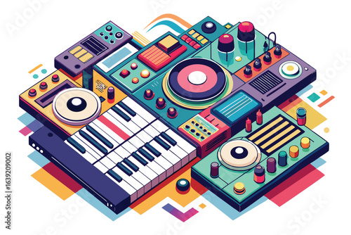 Vibrant Music Production Setup with Synth, Speakers, and Controller, Retro Aesthetics Creating a Colorful Soundscape