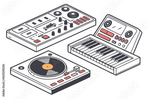 Monochrome Music Studio Setup A Detailed Vector Illustration Showcasing Synthesizers Turntables and Audio Equipment for Music Production