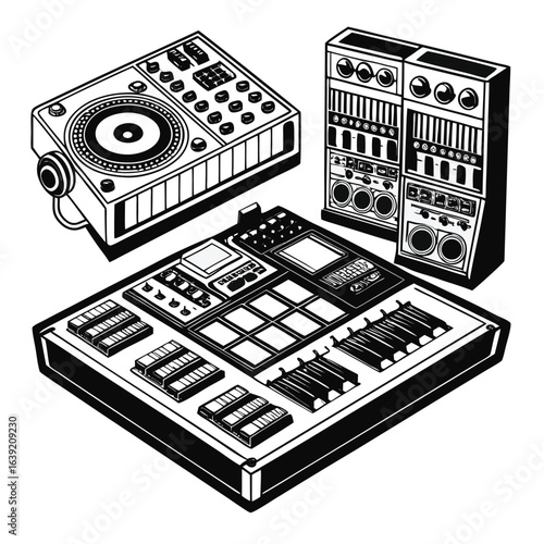Monochrome Music Studio Setup A Detailed Vector Illustration Showcasing Synthesizers Turntables and Audio Equipment for Music Production