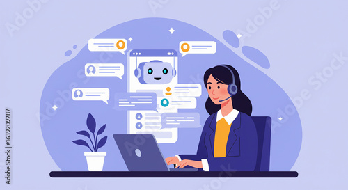 Customer Service Agent Interacting with AI Chatbot on Laptop Flat Illustration.