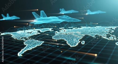 Fighter jets fly over a digital world map, illustrating global defense and technological advancement.