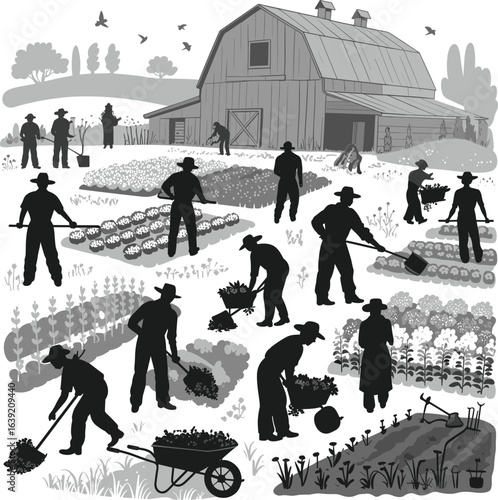 Farm workers silhouettes, harvesting crops, planting vegetables, wheelbarrow, rural agriculture, barn background, outdoor farming, nature care, countryside lifestyle, black vector illustration