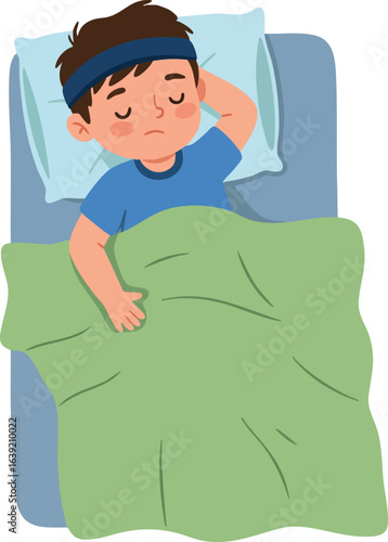 Sick child lying in bed with green blanket and blue headband resting and feeling unwell vector illustration 