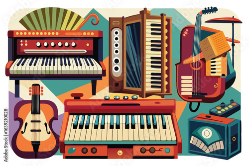 A Whimsical Collection of Musical Instruments Featuring Keyboards Accordions Guitars and a Retro Speaker in a Colorful Composition