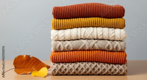 Cozy autumn comfort with a stack of warm colorful knitted sweaters on a table.