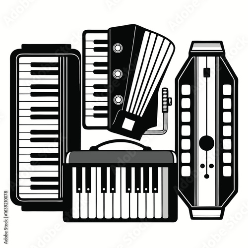 Musical Harmony A Black and White Symphony of Piano Accordion and Guitar A Celebration of Musical Instruments