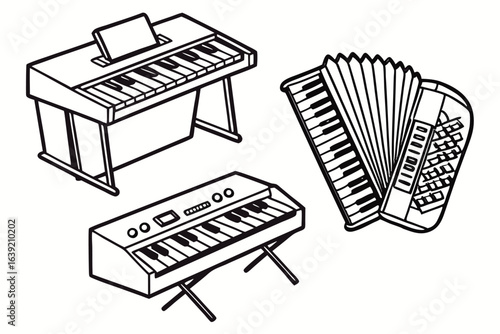 A Collection of Musical Instruments in Black and White Grand Piano Accordion Organ and Electronic Keyboard Illustration