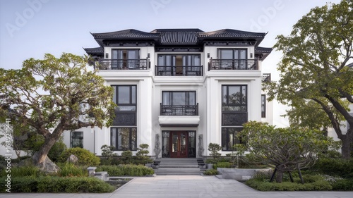 Wallpaper Mural Elegant modern mansion amid lush greenery at dusk. AI generated Torontodigital.ca