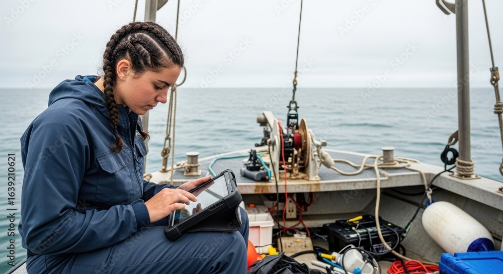 Naklejka premium A female scientist surveys the ocean while collecting data on a tablet from a boat.