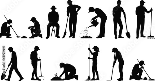 Gardening people silhouettes, planting flowers, watering plants, digging soil, raking leaves, agriculture work, outdoor activity, nature care, black vector illustration design