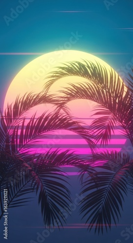 A stunning retro sunset scene with silhouetted palm trees in a neon-lit tropical landscape.