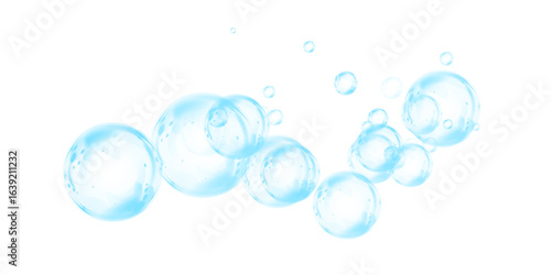 Transparent blue soap bubbles with glossy surface, floating in the air with light reflection. Delicate round sphere with crystal clear liquid drop effect. Shiny water element, clean and bright, flying