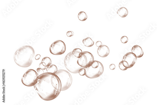 Transparent chocolate brown soap bubbles with glossy surface, floating in the air with light reflection. Delicate round sphere with crystal clear liquid drop effect. Shiny water element, clean and bri