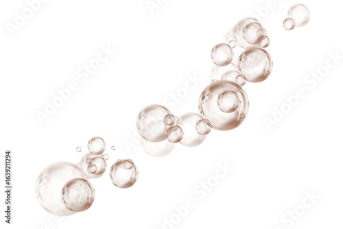 Transparent chocolate brown soap bubbles with glossy surface, floating in the air with light reflection. Delicate round sphere with crystal clear liquid drop effect. Shiny water element, clean and bri