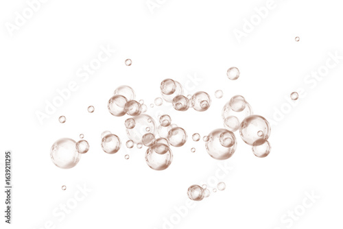 Transparent chocolate brown soap bubbles with glossy surface, floating in the air with light reflection. Delicate round sphere with crystal clear liquid drop effect. Shiny water element, clean and bri