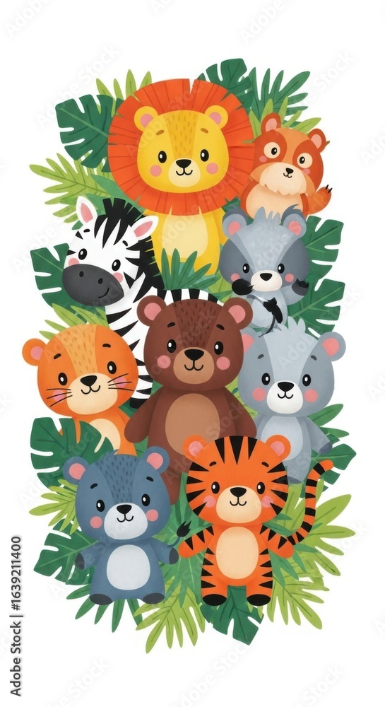 Naklejka premium A charming cartoon scene featuring a group of playful jungle animals surrounded by vibrant greenery.