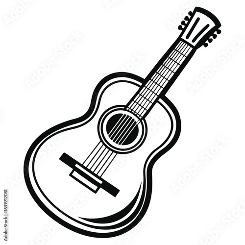 Detailed Line Art Depiction of an Acoustic Guitar Classical Musical Instrument with Sound Hole Strings and Tuning Pegs