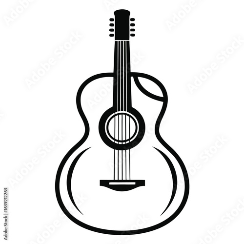 Detailed Line Art Depiction of an Acoustic Guitar Classical Musical Instrument with Sound Hole Strings and Tuning Pegs