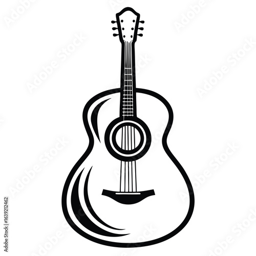 Detailed Line Art Depiction of an Acoustic Guitar Classical Musical Instrument with Sound Hole Strings and Tuning Pegs