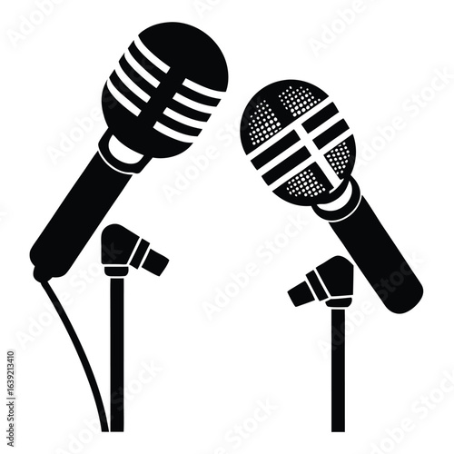 Bold Black and White Illustration Featuring a Megaphone and Microphone Depicting Communication and Audio Technology