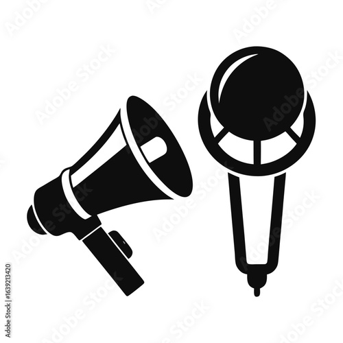 Bold Black and White Illustration Featuring a Megaphone and Microphone Depicting Communication and Audio Technology