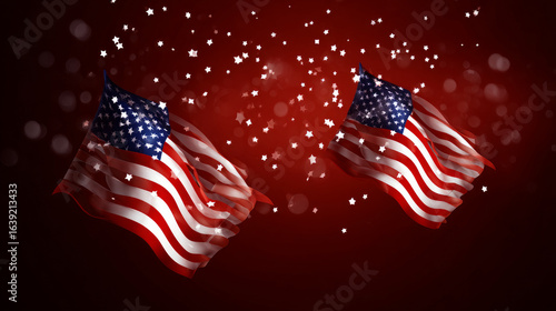 Wallpaper Mural American flags and confetti stars on a red background. US Independence Day, US Labor Day. Election Day in the USA. America Day. Festive Mood on President's Day Torontodigital.ca