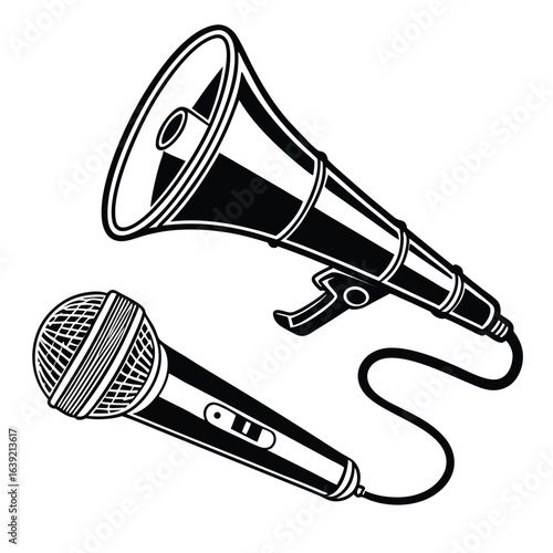 Bold Black and White Illustration Featuring a Megaphone and Microphone Depicting Communication and Audio Technology