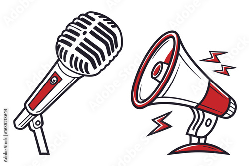 Bold Black and White Illustration Featuring a Megaphone and Microphone Depicting Communication and Audio Technology