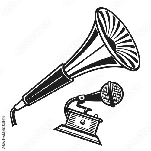 Bold Black and White Illustration Featuring a Megaphone and Microphone Depicting Communication and Audio Technology