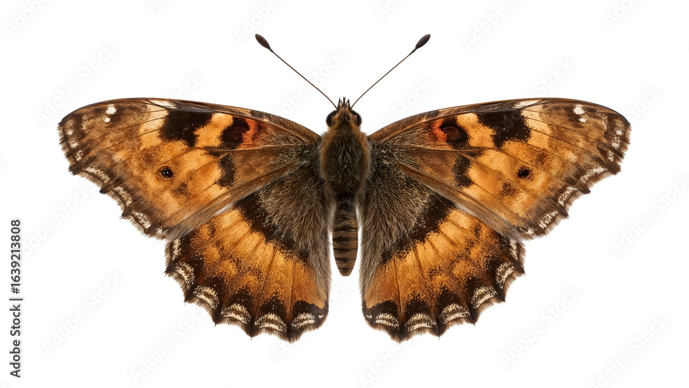 Fototapeta premium Closeup of a brown butterfly with spread wings on the transparent background, detailed patterns, insect, nature, wildlife, macro, entomology, symmetry