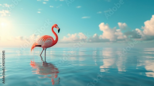 Elegant pink flamingo stands in calm shallow ocean water under a clear blue sky with soft clouds.