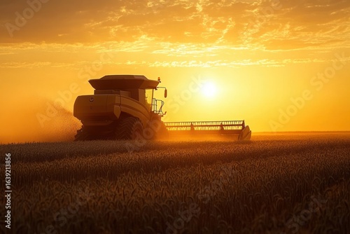 Fototapeta Naklejka Na Ścianę i Meble -  Large combine harvester working through wheat field during golden sunset with sun low on horizon and dust in air