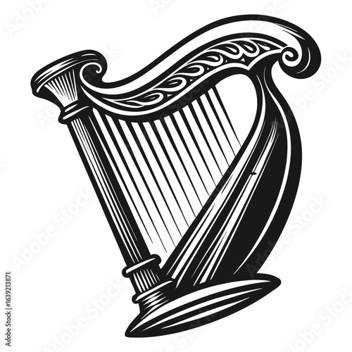 Elegant Black and White Harp Illustration Musical Instrument Design with Intricate Details and Classic Appeal for Art and Design