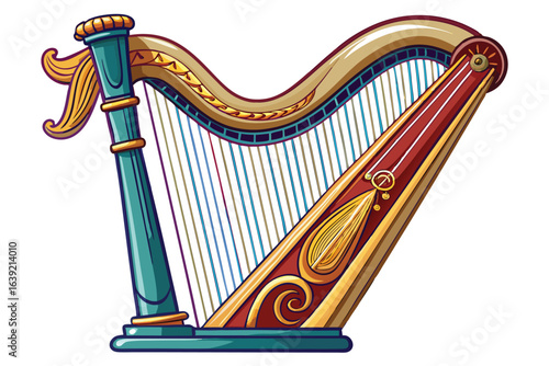 Elegant Cartoon Harp with Ornate Details and Vibrant Colors A Musical Instrument Illustration for Children or Educational Purposes