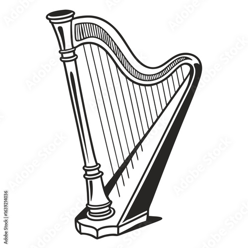 Elegant Black and White Harp Illustration Musical Instrument Design with Intricate Details and Classic Appeal for Art and Design