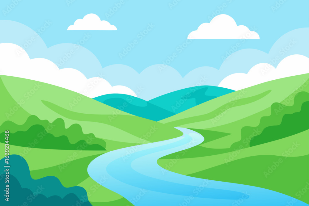 Obraz premium Landscape view of river and green hills