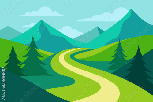 Landscape with winding road and green hills