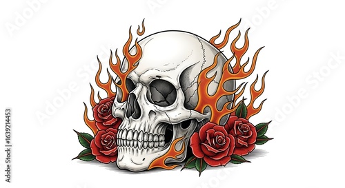Intricate Tattoo Style Skull Engulfed in Fiery Flames and Red Roses