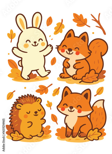 Cute forest animals in autumn scene with falling leaves – bunny, fox, squirrel, and hedgehog enjoying fall in cozy cartoon illustration
