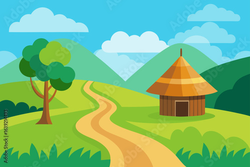 Landscape with hut tree and winding path