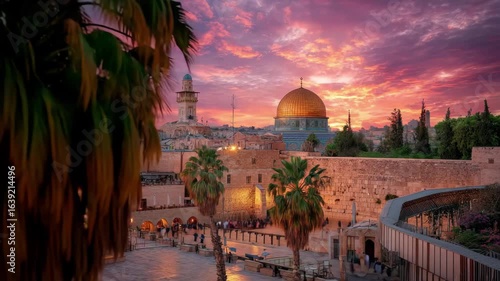 Golden Dome Jerusalem Sunset Western Wall, 4k video footage