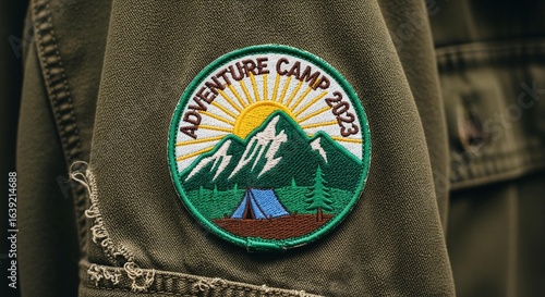 Adventure Camp 2023 patch on a jacket sleeve featuring mountains, a tent, and a rising sun.