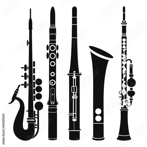 A Collection of Woodwind Instruments Displaying a Unique Musical Ensemble with Artistic Flair and Intricate Details in Black and White