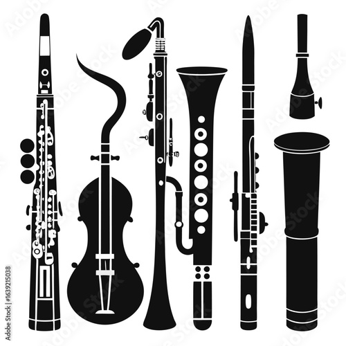 A Collection of Woodwind Instruments Displaying a Unique Musical Ensemble with Artistic Flair and Intricate Details in Black and White