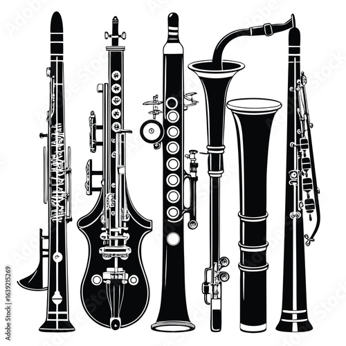 A Collection of Woodwind Instruments Displaying a Unique Musical Ensemble with Artistic Flair and Intricate Details in Black and White