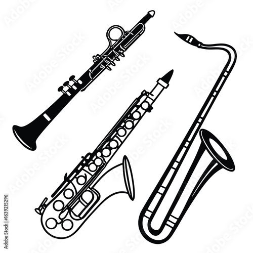 A Collection of Woodwind Instruments Displaying a Unique Musical Ensemble with Artistic Flair and Intricate Details in Black and White