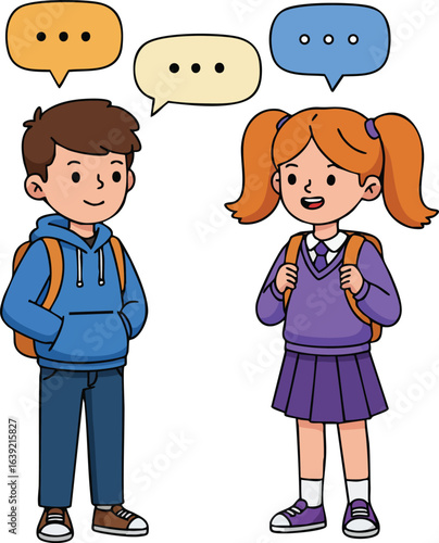 School children boy and girl having friendly conversation with speech bubbles in casual clothes vector illustration 