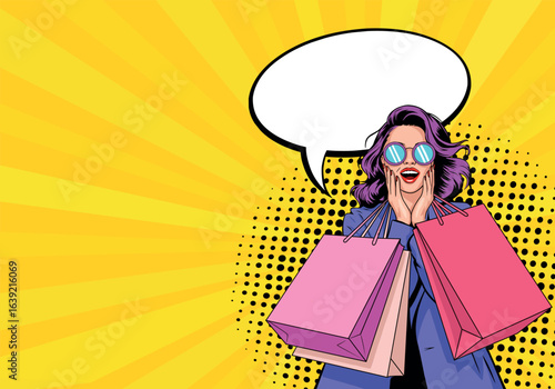 Young surprised woman in pop art style with shopping bags with speech. On yellow background. Pop art in vector comic style.